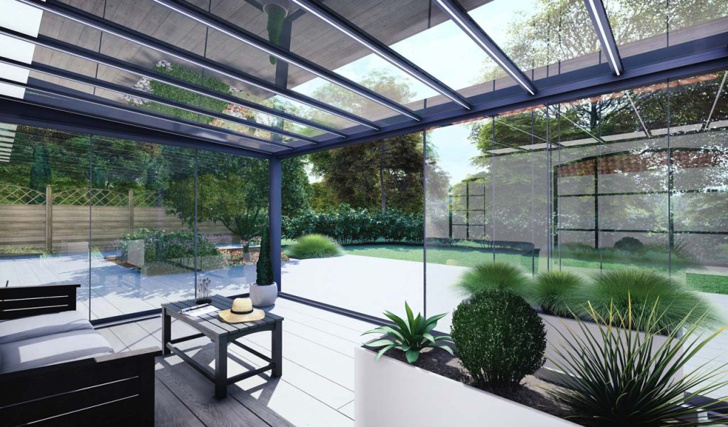 Pergola fermée par des baies vitrées coulissantes - Rénoval